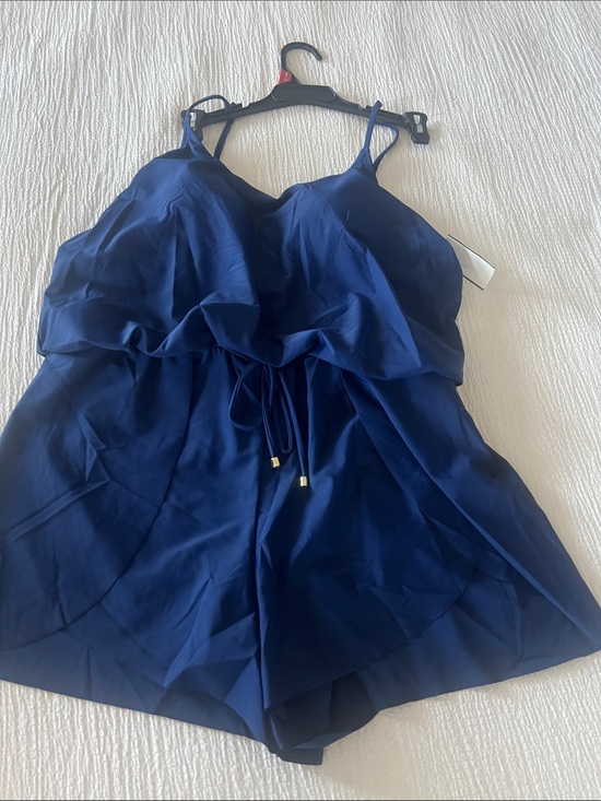 Time and Tru Other - Time and Tru Navy Ruffle Swim Romper with Drawstring